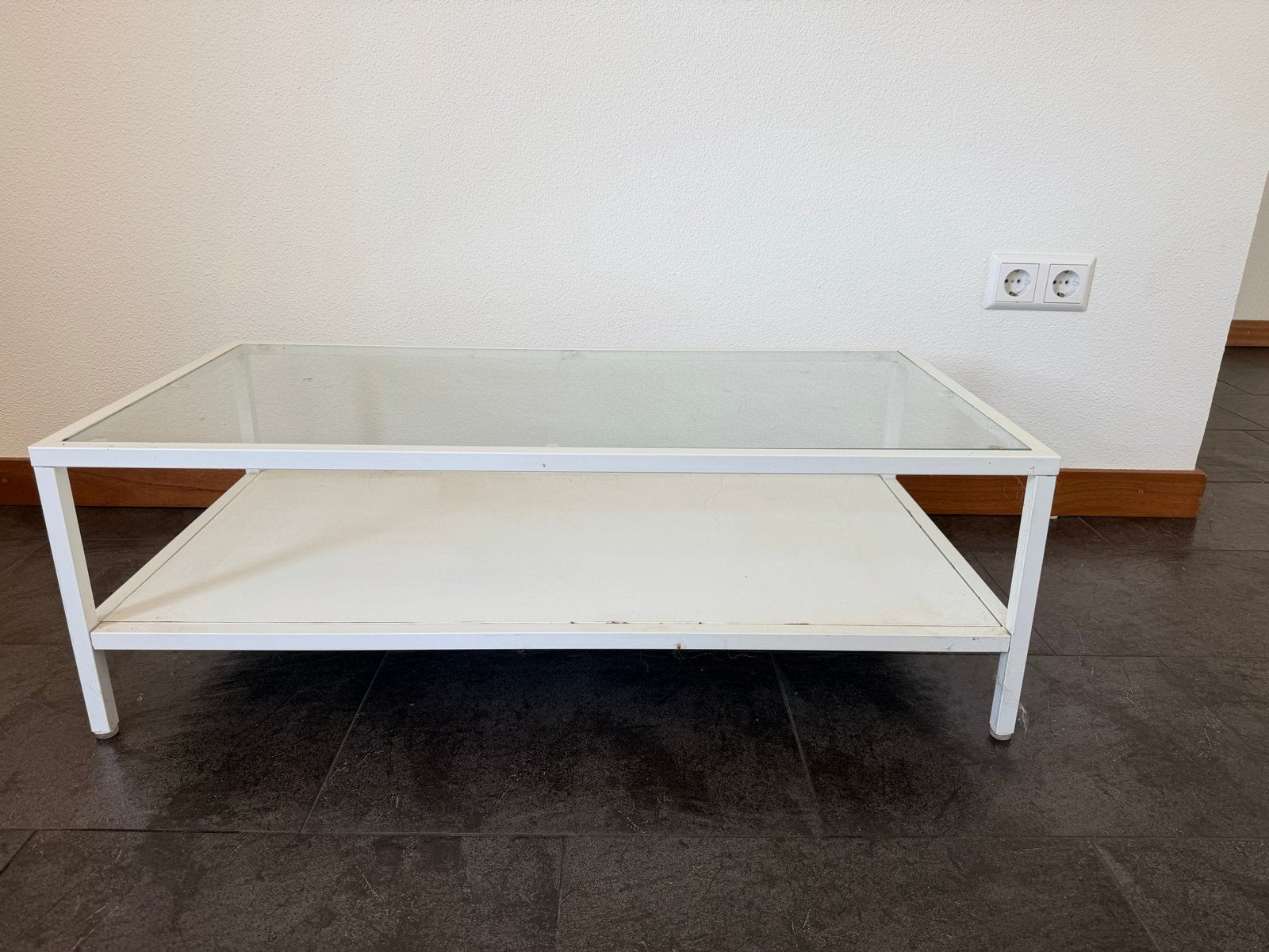 Wit tafeltje met glasplaat - 90x45x30 cm, Huis en Inrichting, Tafels | Salontafels, Gebruikt, 50 tot 100 cm, Rechthoekig, Glas