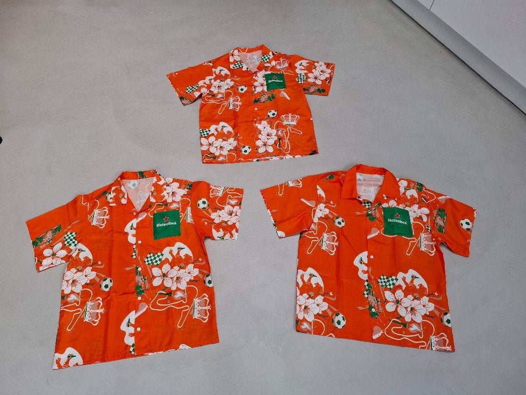 3x Heineken Oranje supportersshirt Hawaii blouse WK EK - S/M, Ophalen of Verzenden, Nieuw, Kostuum, Oranje of Koningsdag