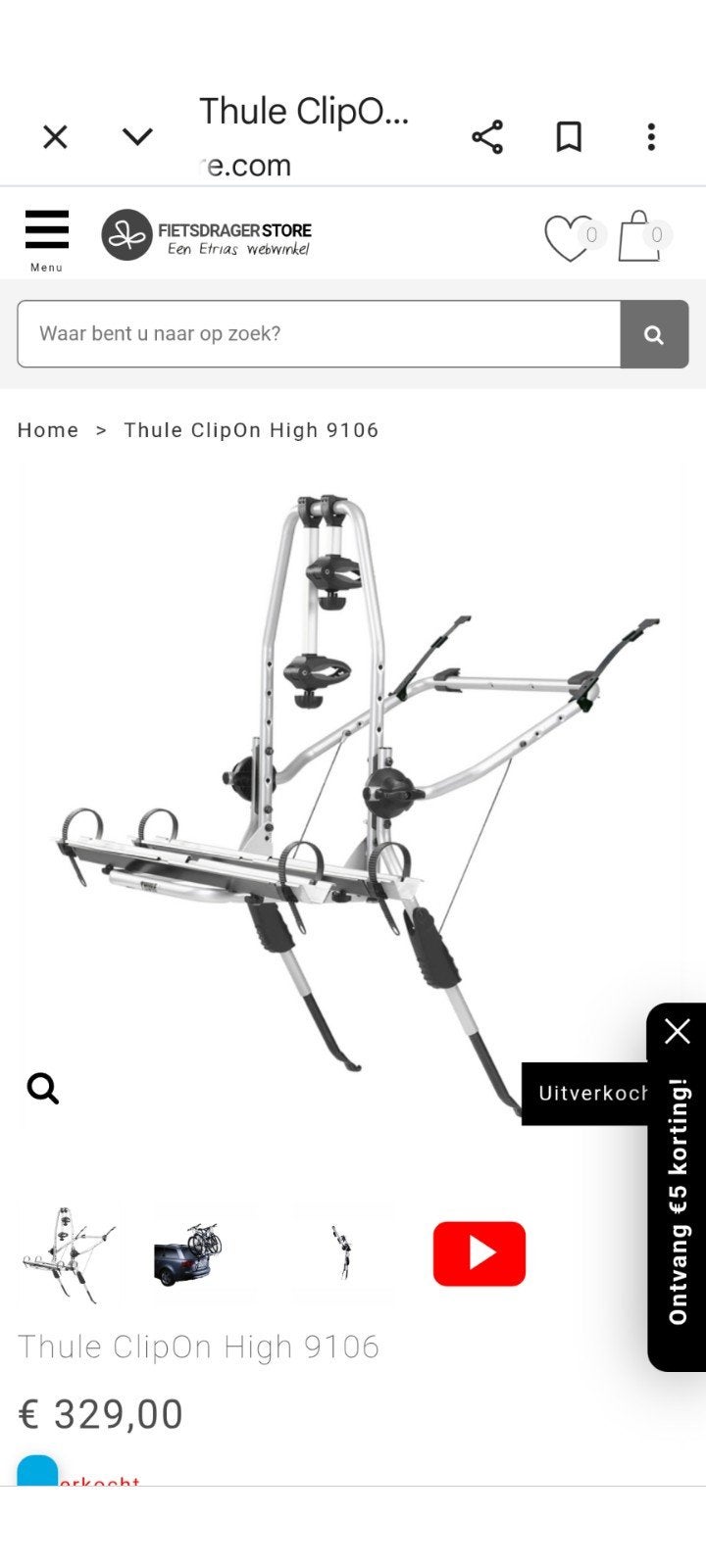 Thule ClipOn High 9106 Fietsendrager t.e.a.b, Ophalen, Gebruikt
