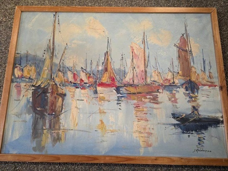 Schilderij Jan Kelderman - Maritiem Gezicht, Antiek en Kunst, Maritiem / water, Doek, Origineel werk, Impressionistisch