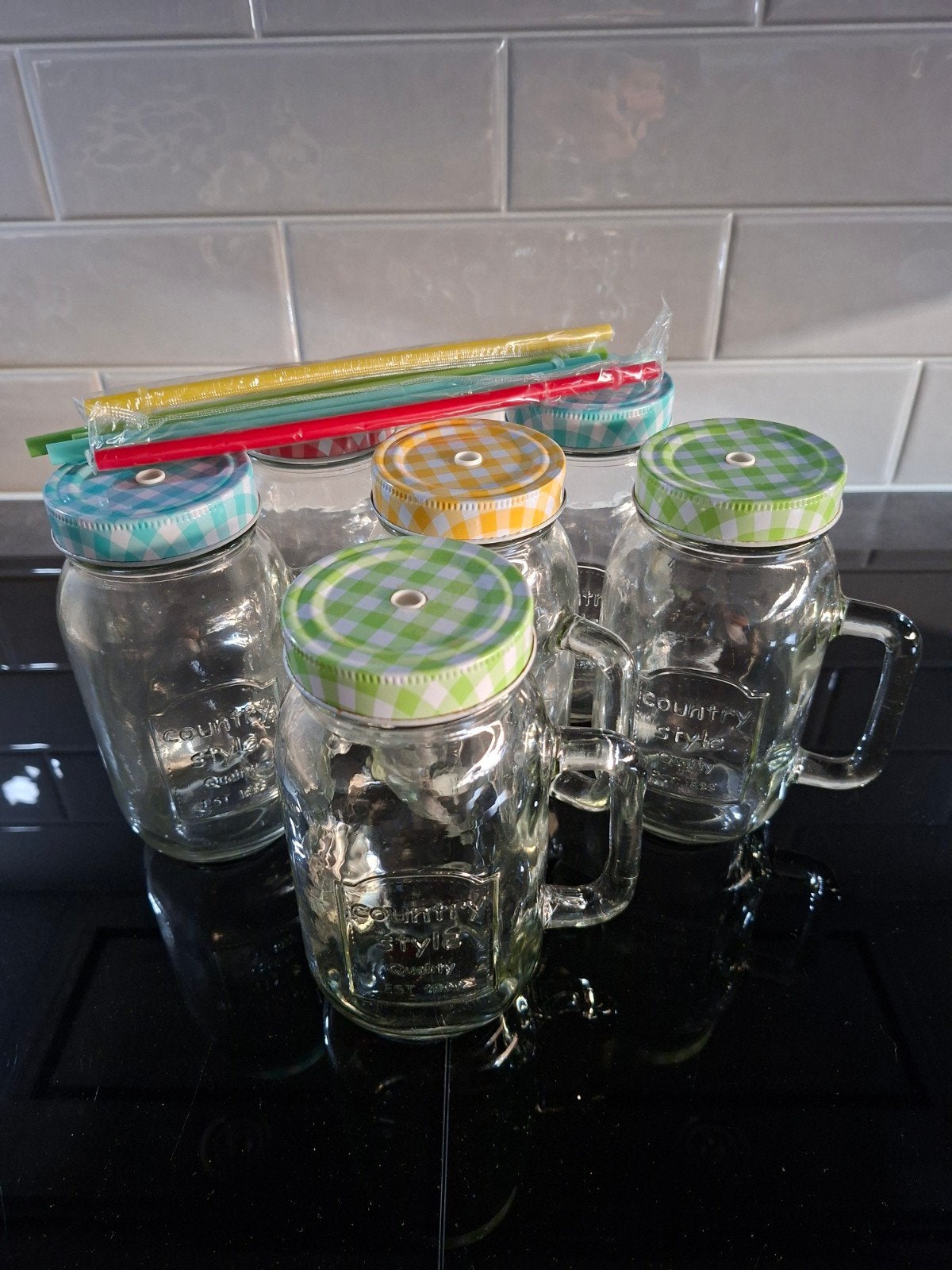 Set van 6 Mason Jar drinkglazen met rietjes, Nieuw, Ophalen of Verzenden, Meerkleurig, Overige merken