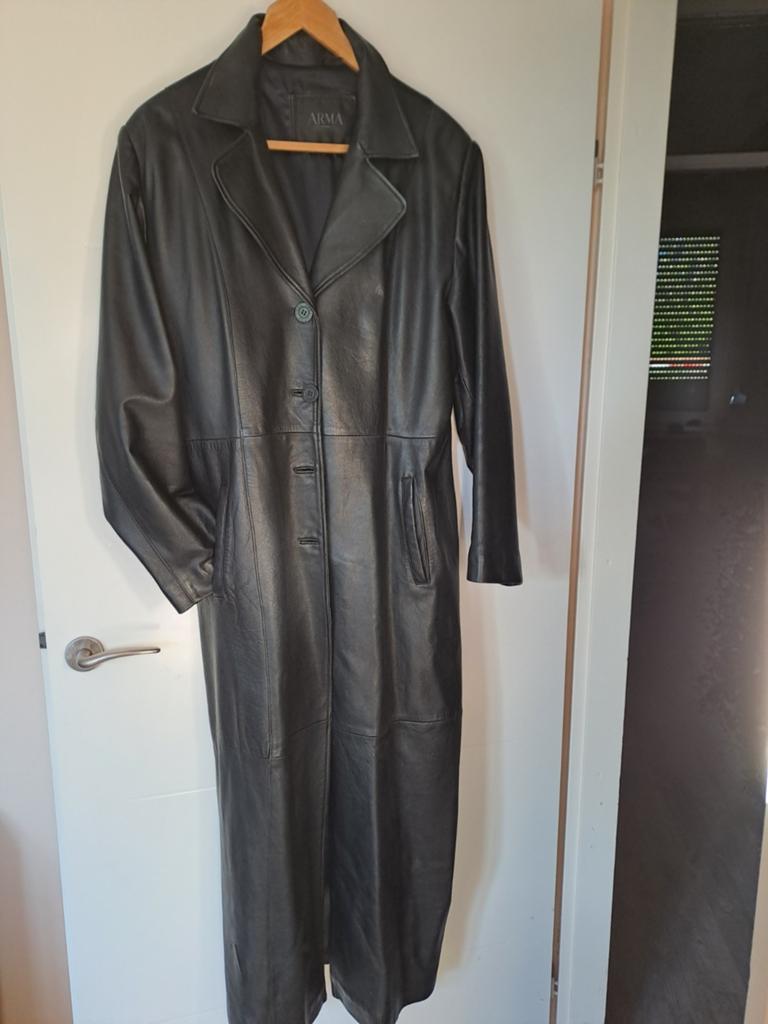 Lange zwarte leren damesjas tot op de grond, maat 46, Kleding | Dames, Jassen | Winter, Zwart, Maat 46/48 (XL) of groter, Ophalen of Verzenden