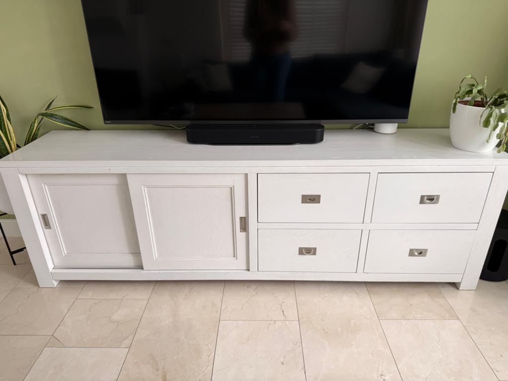 Stijlvol wit dressoir met schuifdeur en lades., Ophalen, 200 cm of meer, Minder dan 100 cm, 25 tot 50 cm