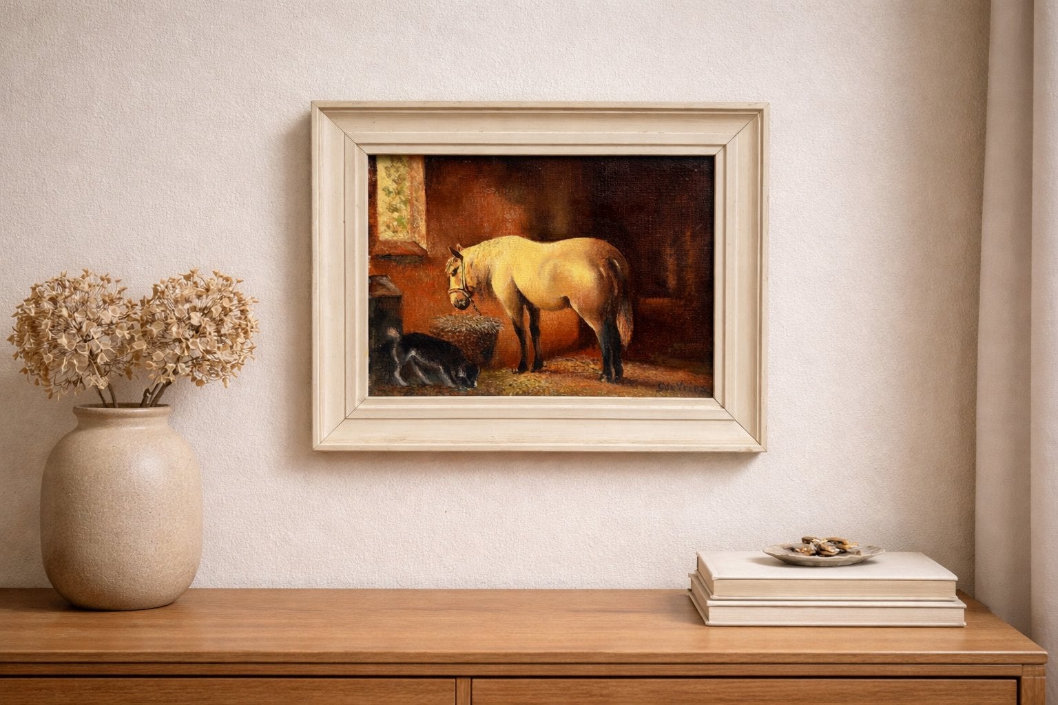 Klassiek olieverfschilderij: Paard en hond in stal, Ophalen of Verzenden