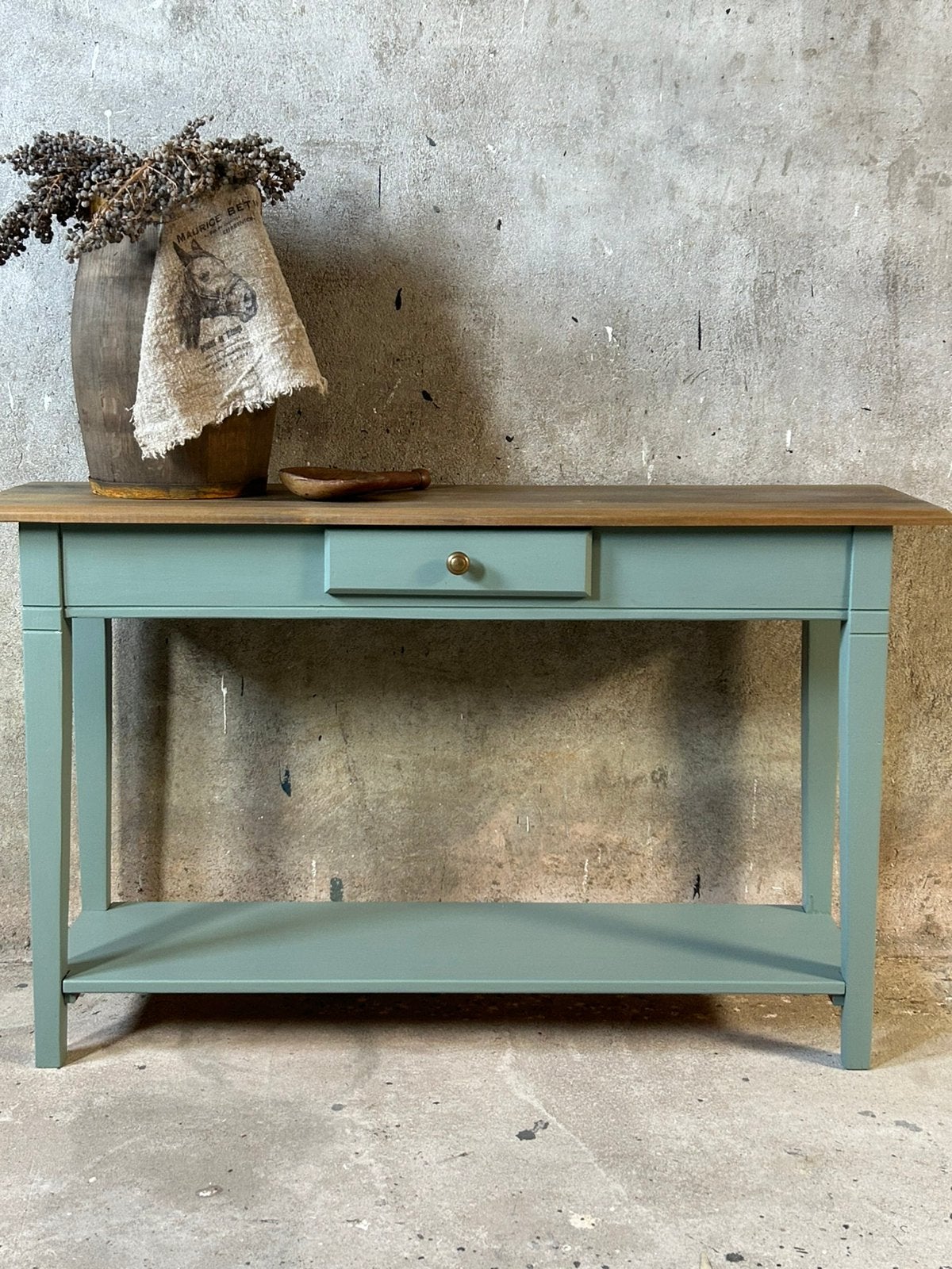 Prachtige oud groene sidetable, Ophalen, 100 tot 150 cm, Zo goed als nieuw, 25 tot 50 cm