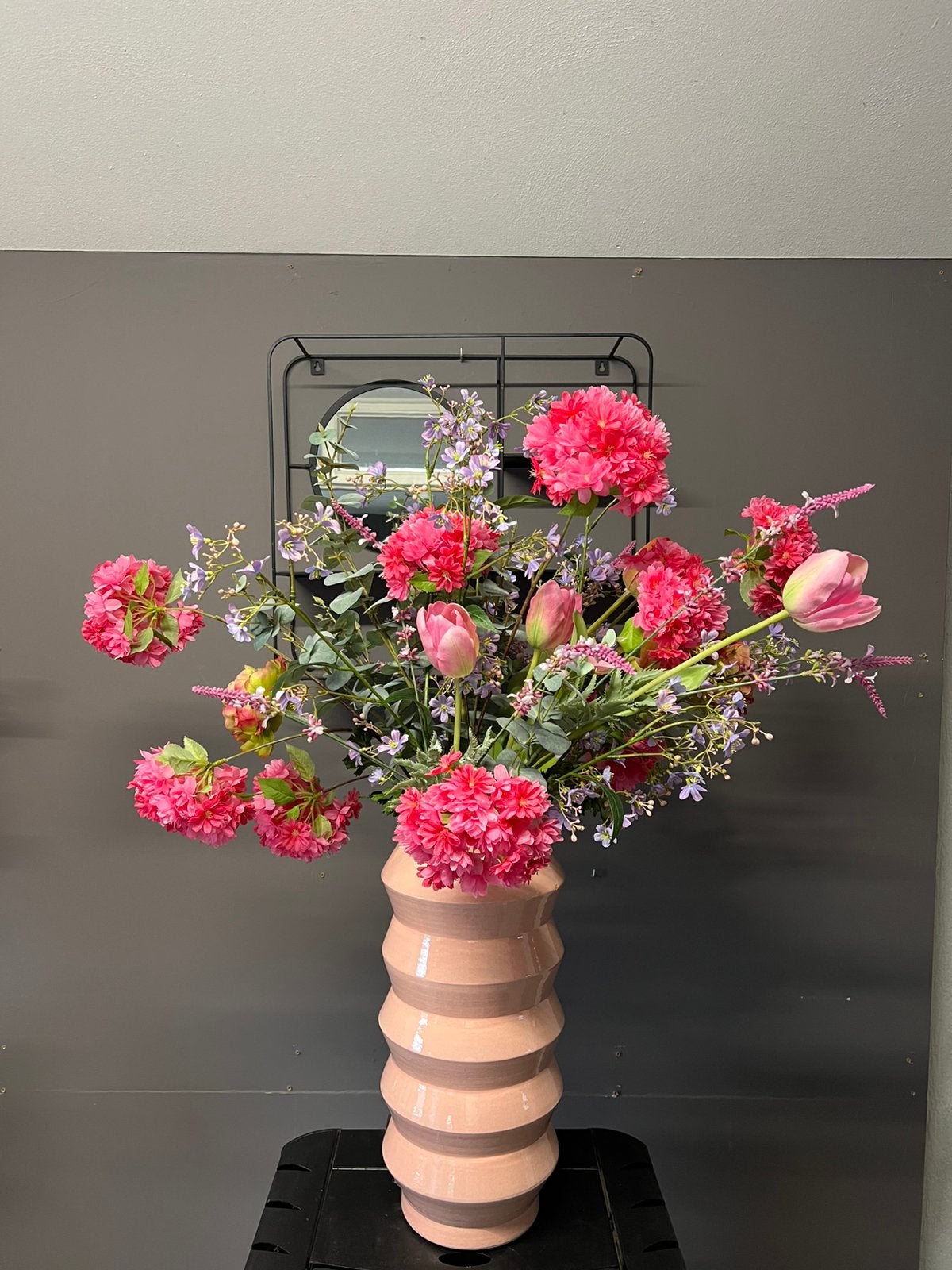 Uitverkoop! Kunstboeketset roze hortensia’s inclusief vaas, Ophalen of Verzenden, Zo goed als nieuw