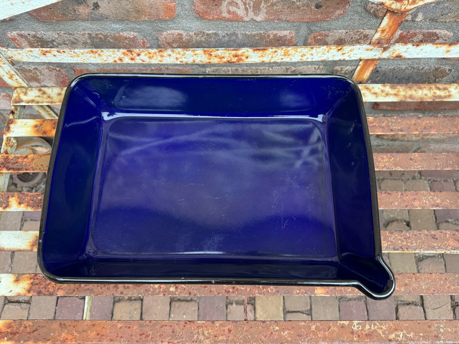 Vintage blauwe emaille ovenschaal met handvatten, Antiek en Kunst, Ophalen of Verzenden