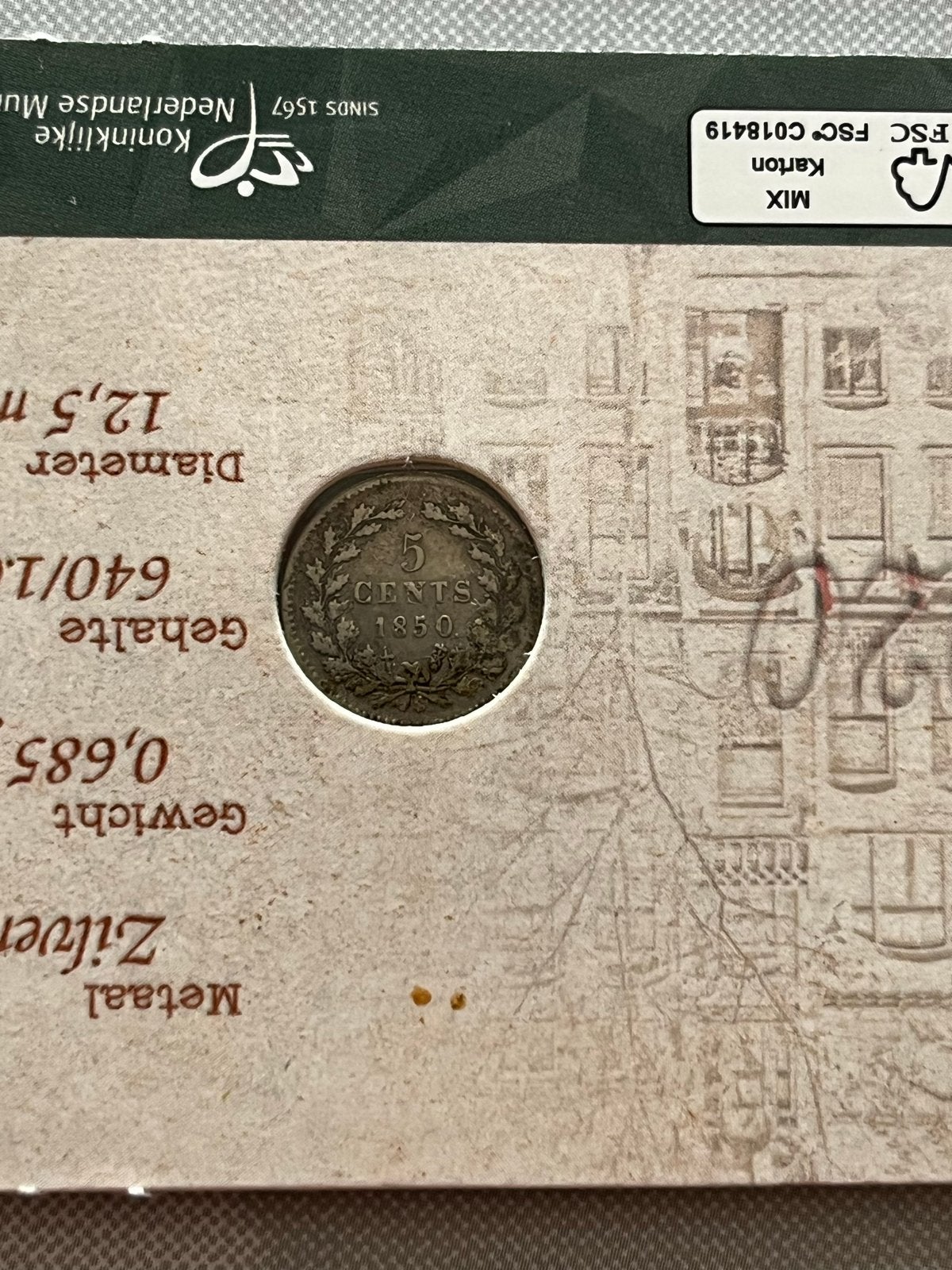 Zilveren 5 cent munt 1850 - 140 jaar Schulman numismatiek, Koning Willem III, Zilver, Ophalen of Verzenden, Losse munt
