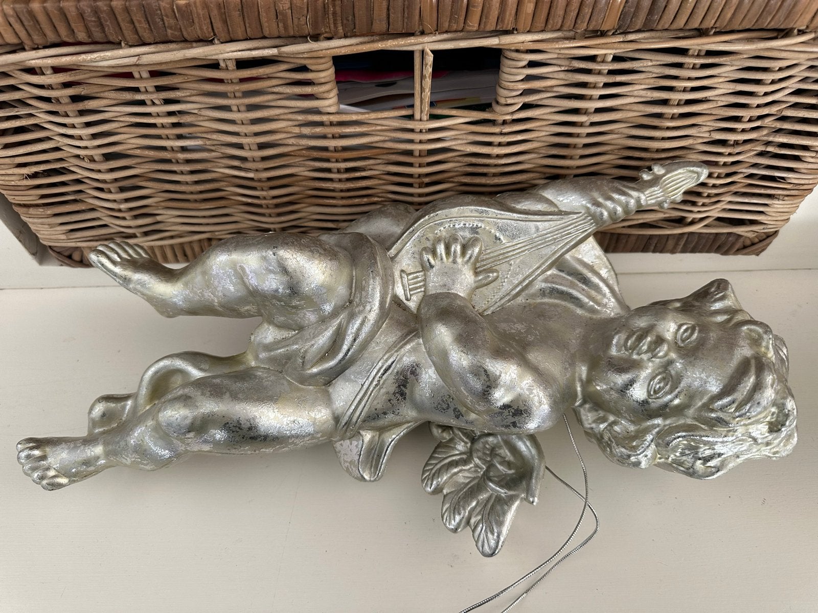 Vintage zilverkleurige cherubijn met mandoline, Ophalen of Verzenden, Zo goed als nieuw, Overige typen