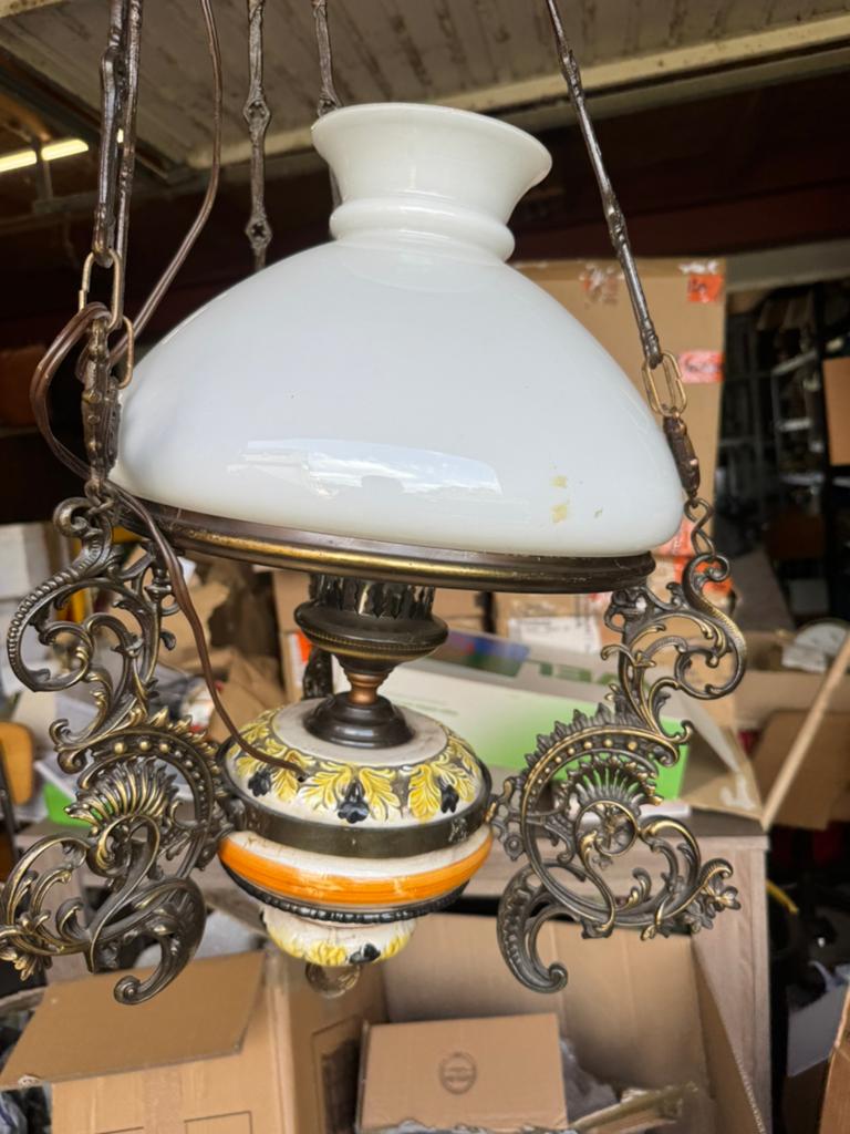 Antieke Hanglamp – Majolica Keramiek & Rococo Koperwerk, Ophalen of Verzenden