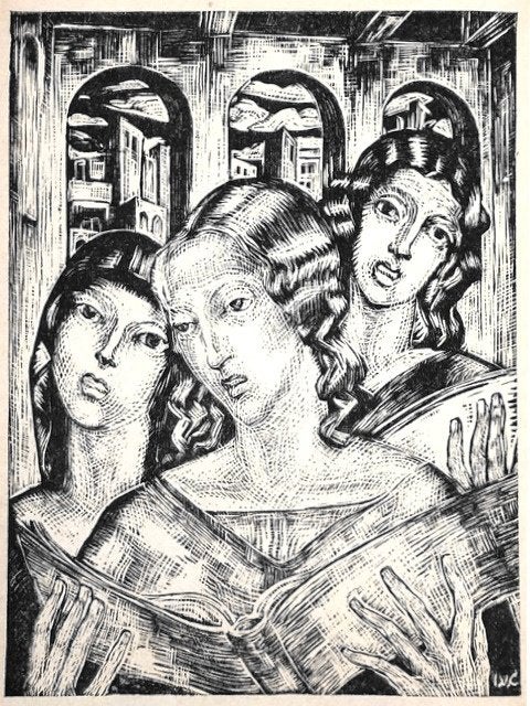 Johannes Joseph Vincenz Cissarz (1873-1942) Houtsnede 'Hymne, Ophalen of Verzenden