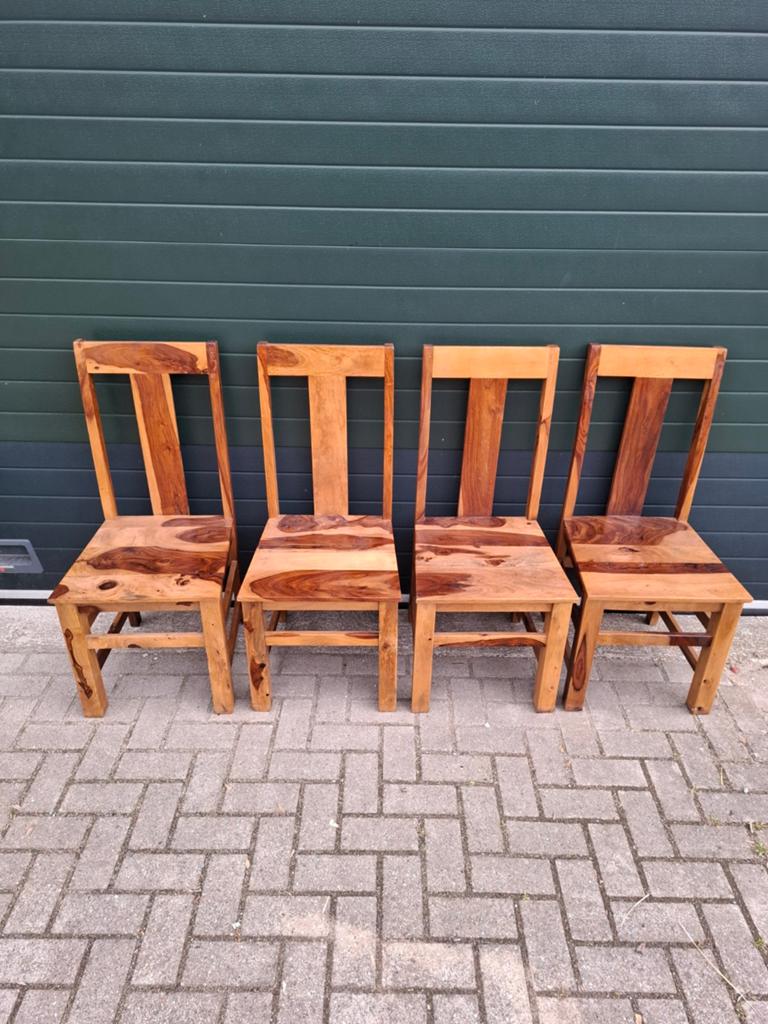 Set van 4 massief acasiahouten eetkamerstoelen, Ophalen, Gebruikt, Bruin, Landelijk, Rustiek