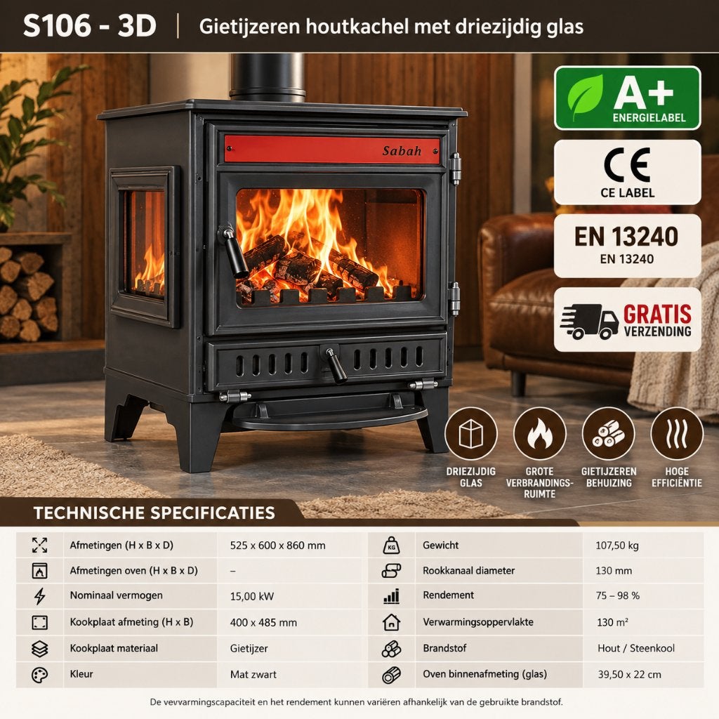 Sabah S106/3D – Gietijzeren Houtkachel - CE A+ -15,21KW, Ophalen, Vrijstaand, Hout, Nieuw