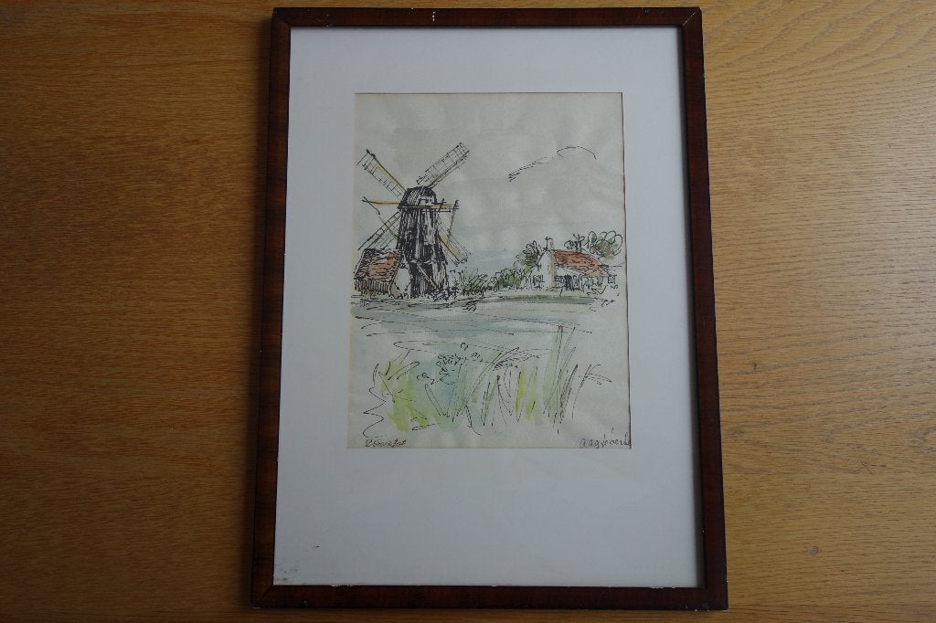 Tekening aquarel D. Fankfort molen Aagtekerke, Antiek en Kunst, Ophalen of Verzenden, Gesigneerd
