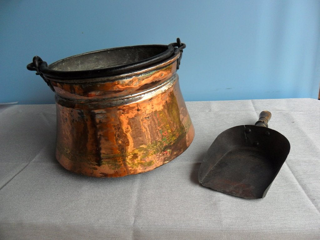 Antieke koperen haardbak met schep, Ophalen of Verzenden, Koper