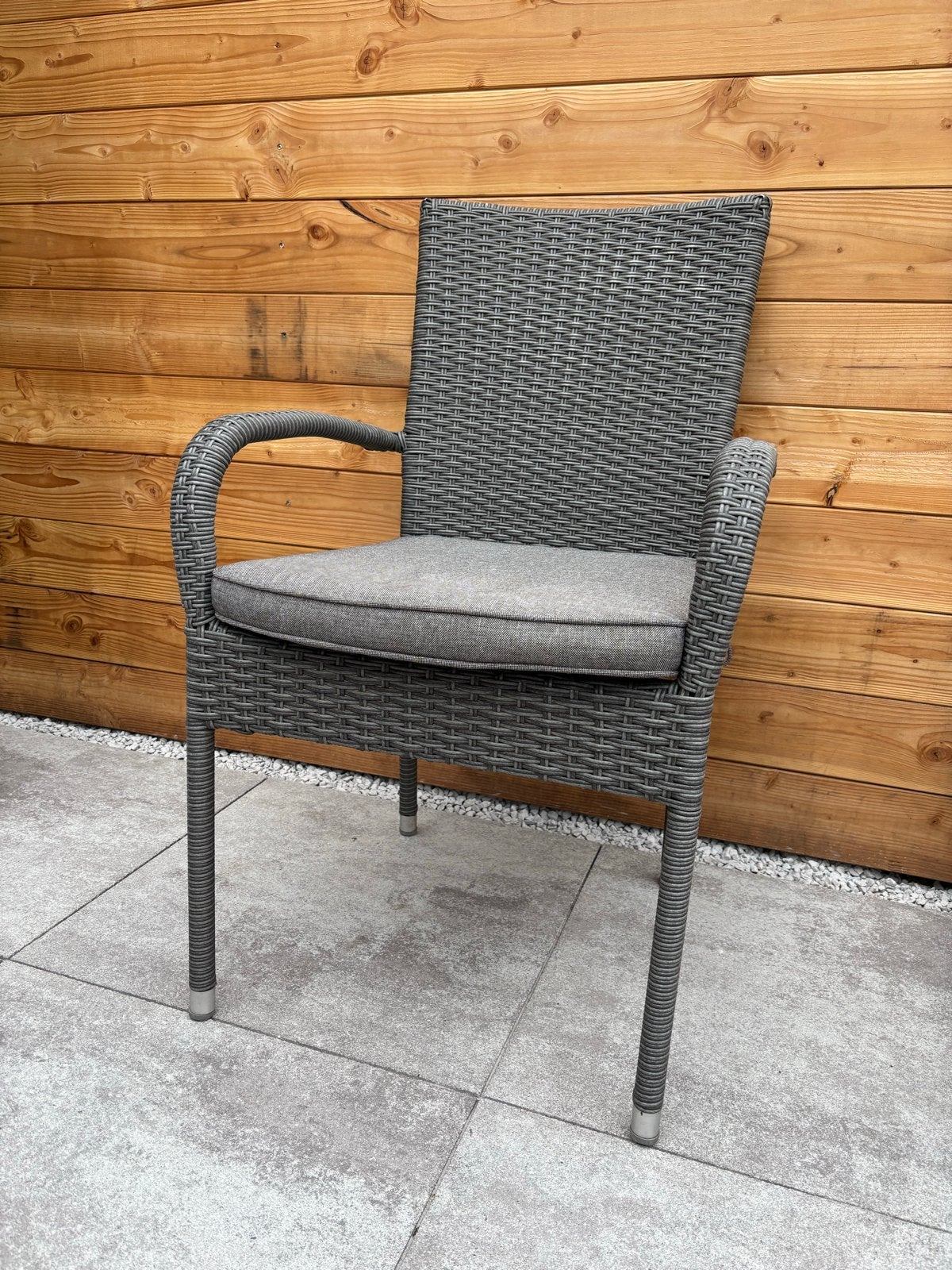6 Grijze stapelbare polyrotan tuinstoelen met kussens, Ophalen, Gebruikt, Wicker, Stapelbaar