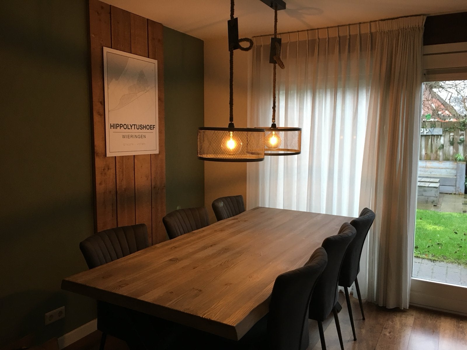 Industriële hanglampen met touw en metalen kappen, Ophalen, E27 (groot), Zo goed als nieuw, Metaal
