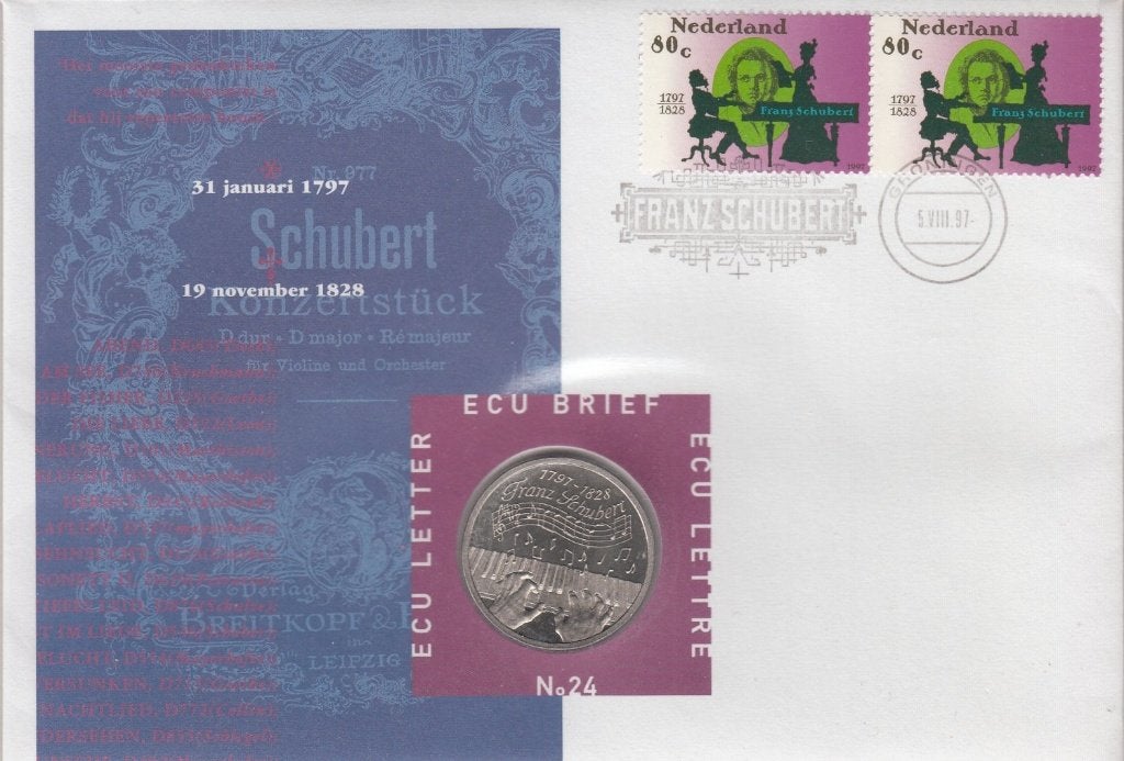 Nederland ECU brief No. 24 Schubert 1997 met mooie penning, Ophalen of Verzenden, Overige materialen, Nederland
