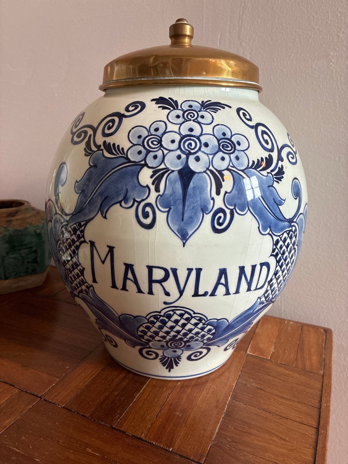 Antieke Delfts Blauwe Pot met Messing Deksel - Maryland, Ophalen