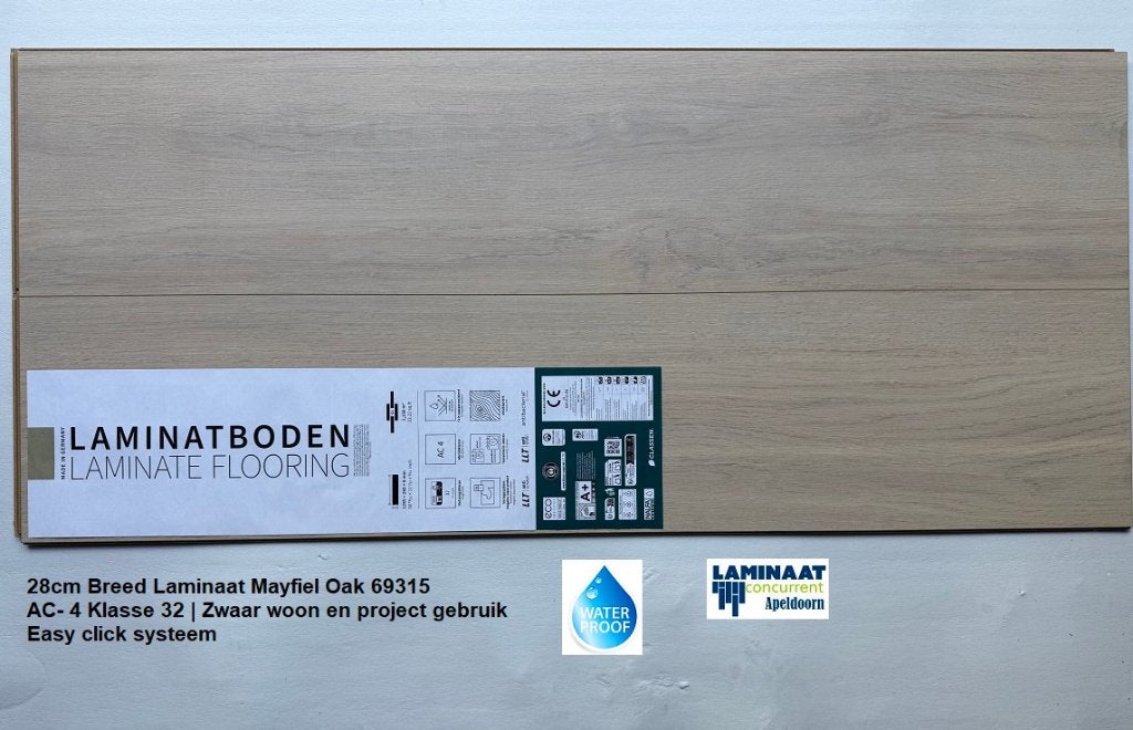 Waterbestendig 28cm breed Laminaat Mayfiel Oak Easy click, 28cm breed waterbestendig laminaat beige, 75 m² of meer, Beige, Nieuw