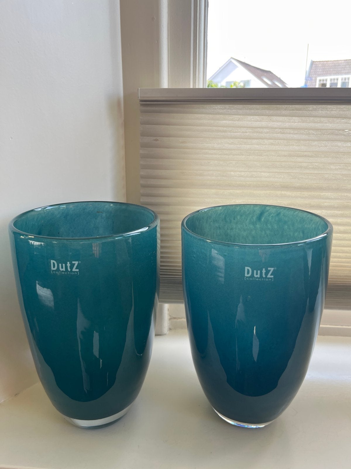 Set van 2 Dutz vazen - Teal/Turquoise glas, Huis en Inrichting, Ophalen of Verzenden, Zo goed als nieuw, Overige kleuren, Glas
