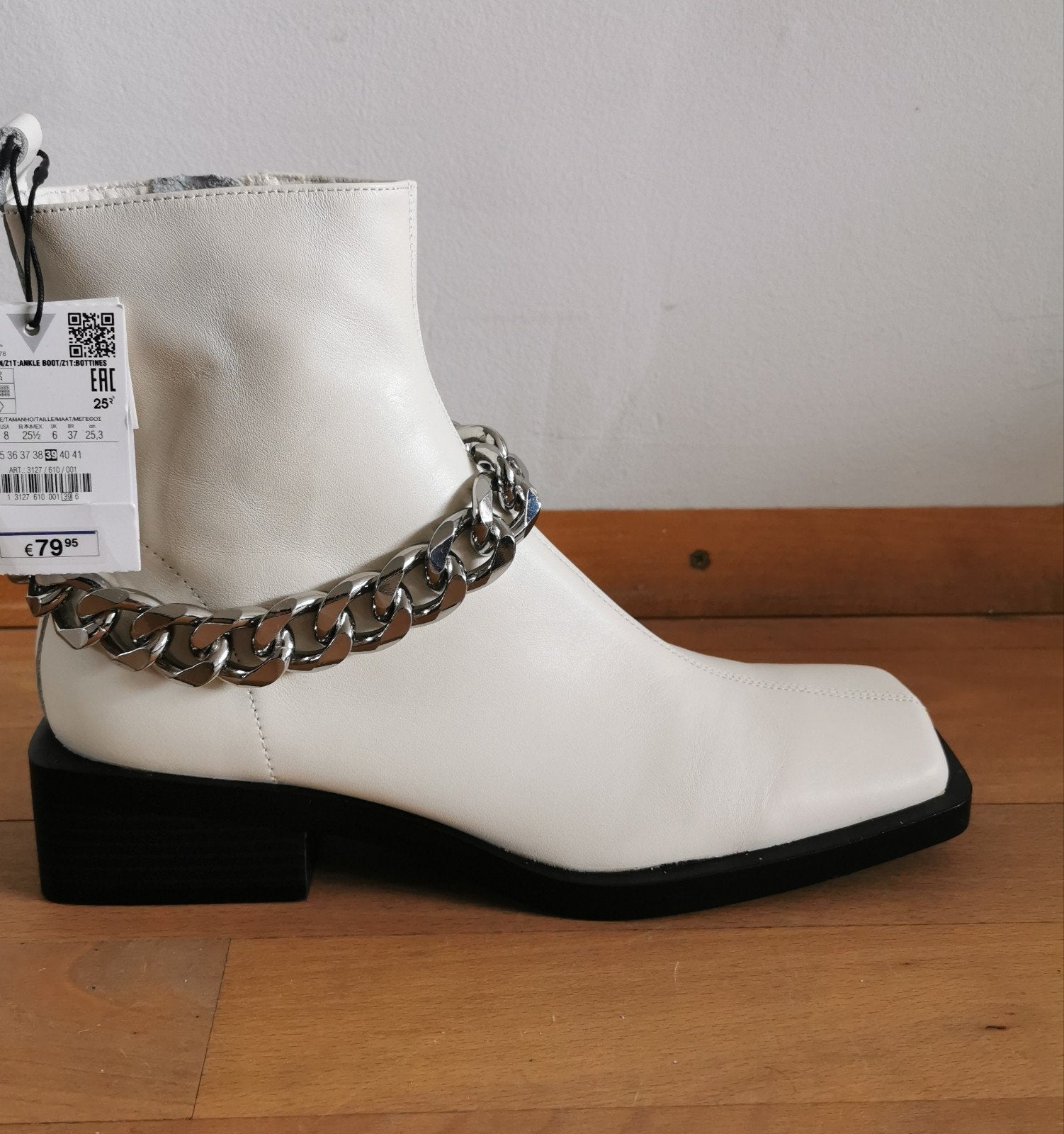 ZARA leren enkellaarzen met ketting mt. 38, Verzenden, Lage of Enkellaarzen, Nieuw, Wit