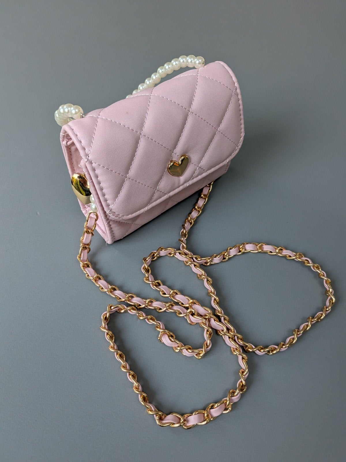 Roze Claire's schoudertasje met gouden hartjes en parels, Ophalen of Verzenden, Zo goed als nieuw, Roze, Schoudertasje