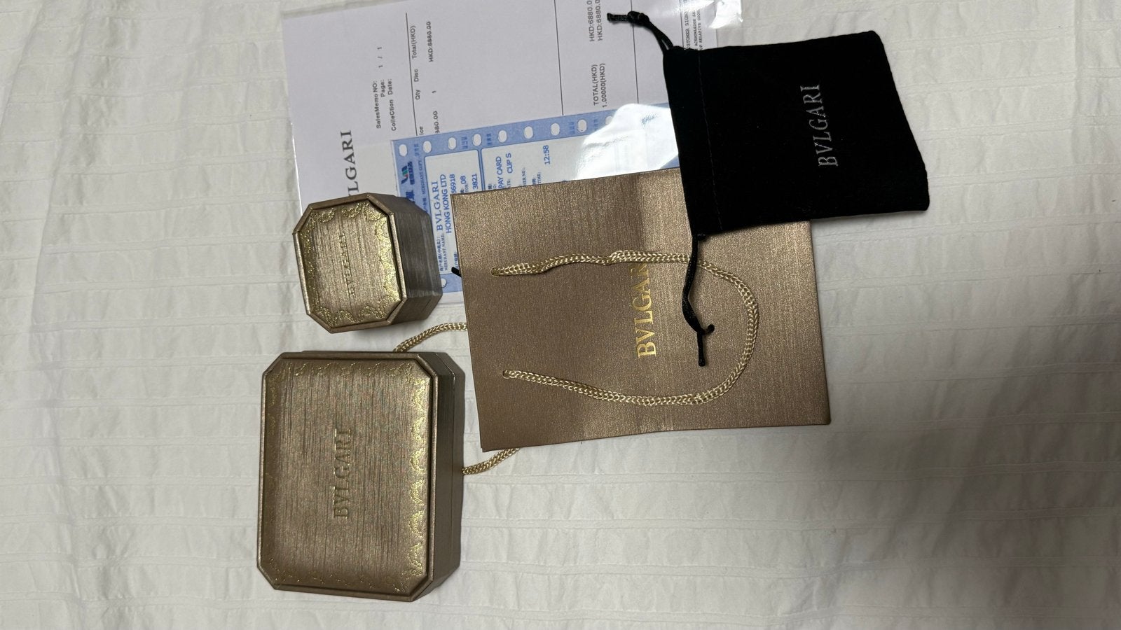 Bvlgari verpakking met doos en bon, Ophalen of Verzenden, Zo goed als nieuw, Goud