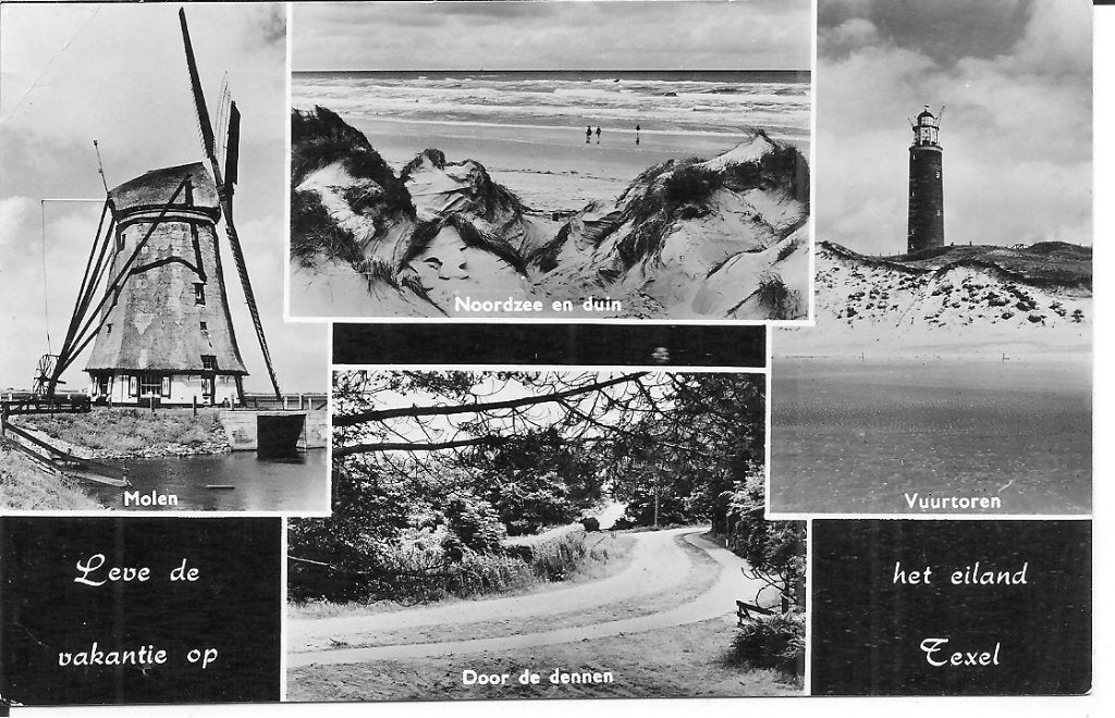 Oude ansichtkaart Texel: Molen, Noordzee, Duin, Vuurtoren, Ophalen of Verzenden, 1960 tot 1980, Gelopen, Waddeneilanden