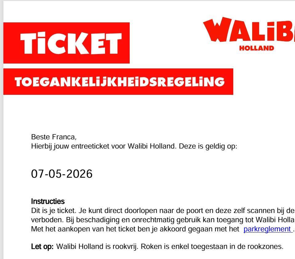 walibi holland tickets voor 7 mei, Twee personen, Arrangement, Ticket of Toegangskaart