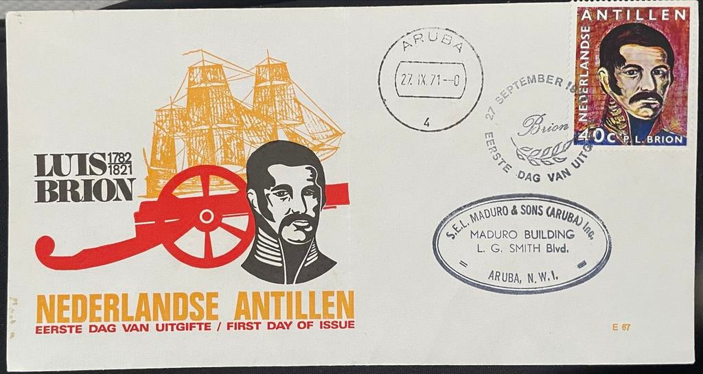 FDC Ned. Antillen Luis Brion 1971 reclame stempel, Verzamelen, Ophalen of Verzenden, 1960 tot 1980, Gelopen, Buiten Europa