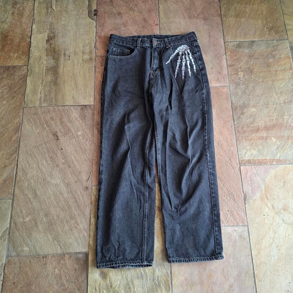 Black skeleton baggy jeans - Streetwear Kenvibe - Y2K Gothic, Zwart, Ophalen of Verzenden, Zo goed als nieuw, Kenvibe