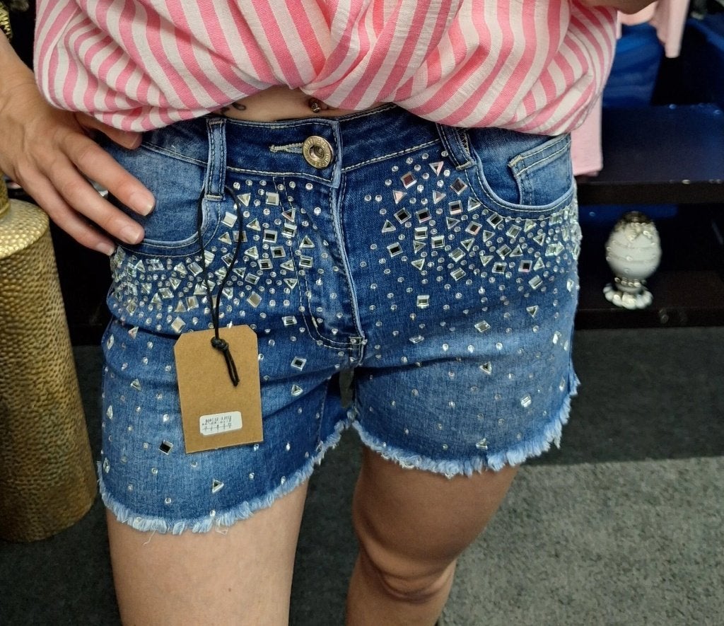 Dames jeans short met strass steentjes – Blauw, Kleding | Dames, Spijkerbroeken en Jeans, Blauw, SK, Info@sk-shop.nl, Nieuw
