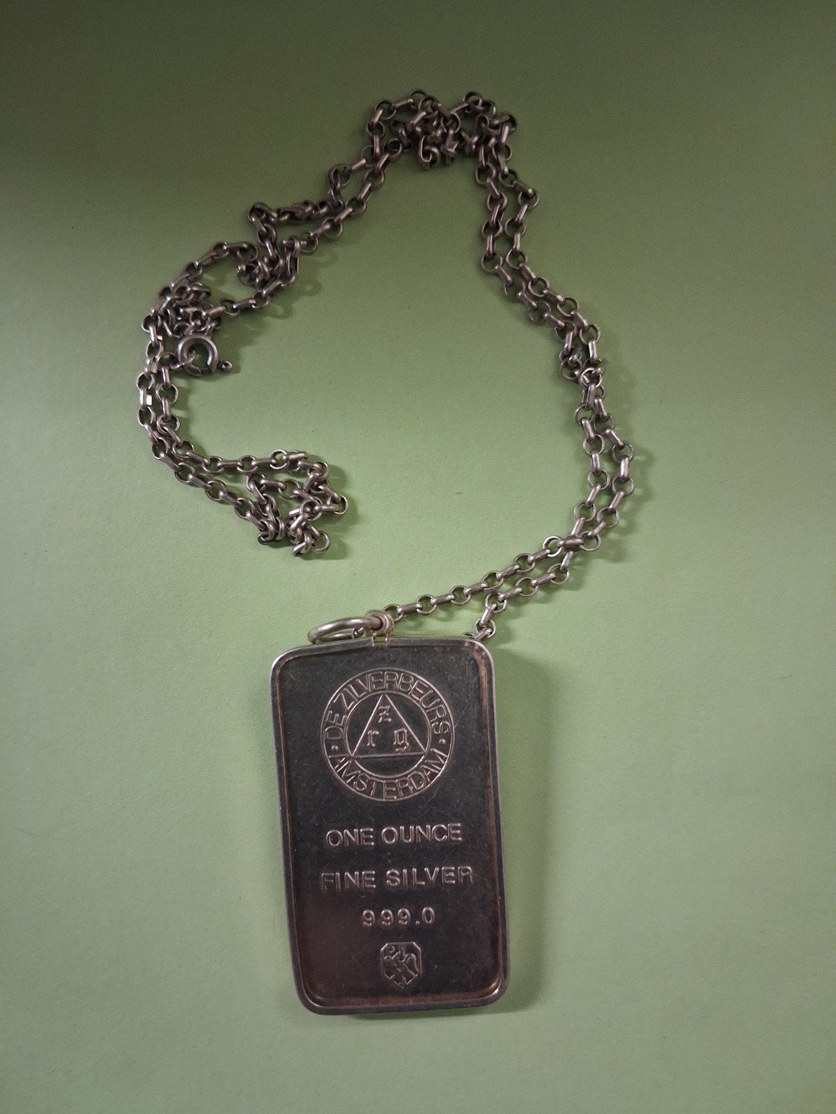 Zilveren ketting met 1 ounce zilveren staaf hanger, Ophalen, Met hanger, Gebruikt, Zilver