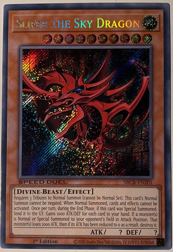 Yu-Gi-Oh! Slifer the Sky Dragon SBCB 1st Edition !, Ophalen of Verzenden, Zo goed als nieuw, Meerdere kaarten, Foil