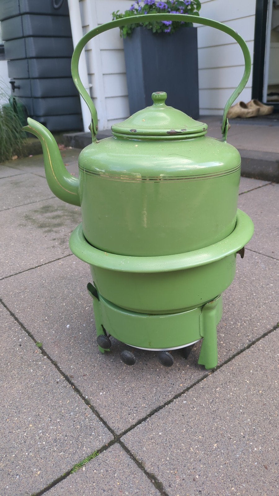 Vintage Groene Emaille Theeketel met Spiritusbrander, Antiek en Kunst, Ophalen of Verzenden