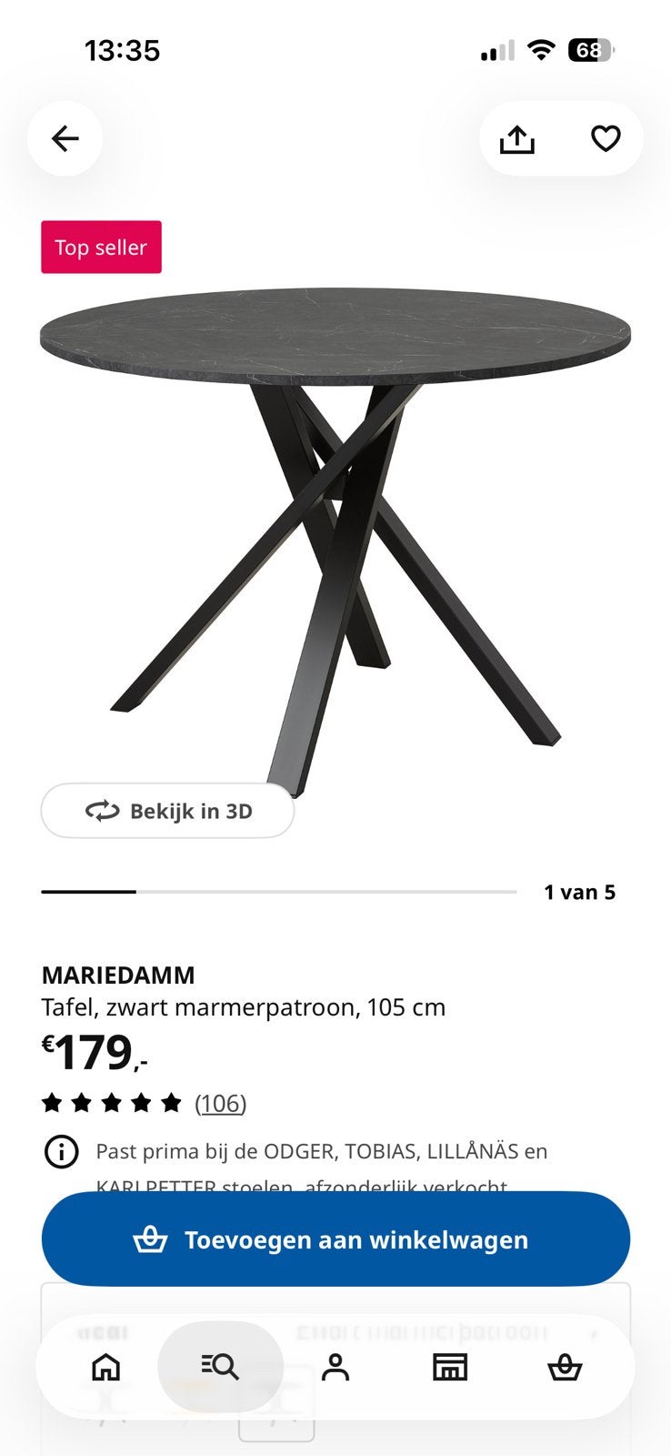 IKEA eettafel zwarte poten en zwart blad met marmer patroon, Ophalen, Gebruikt, Rond, Metaal
