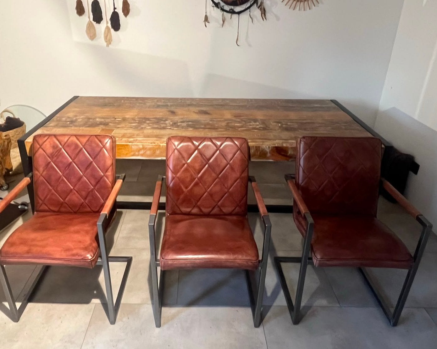6 industriële robuuste leren stoelen cognac station 7, Bruin, Ophalen of Verzenden, Zo goed als nieuw, Vijf, Zes of meer stoelen