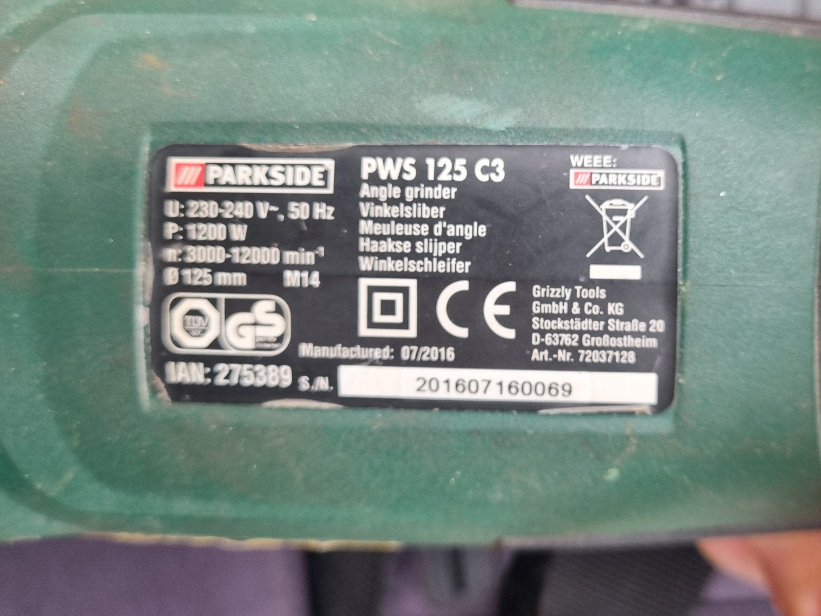 Parkside PWS 125 C3 Haakse Slijper 1200W, Doe-het-zelf en Verbouw, Gereedschap | Slijpmachines, Ophalen of Verzenden