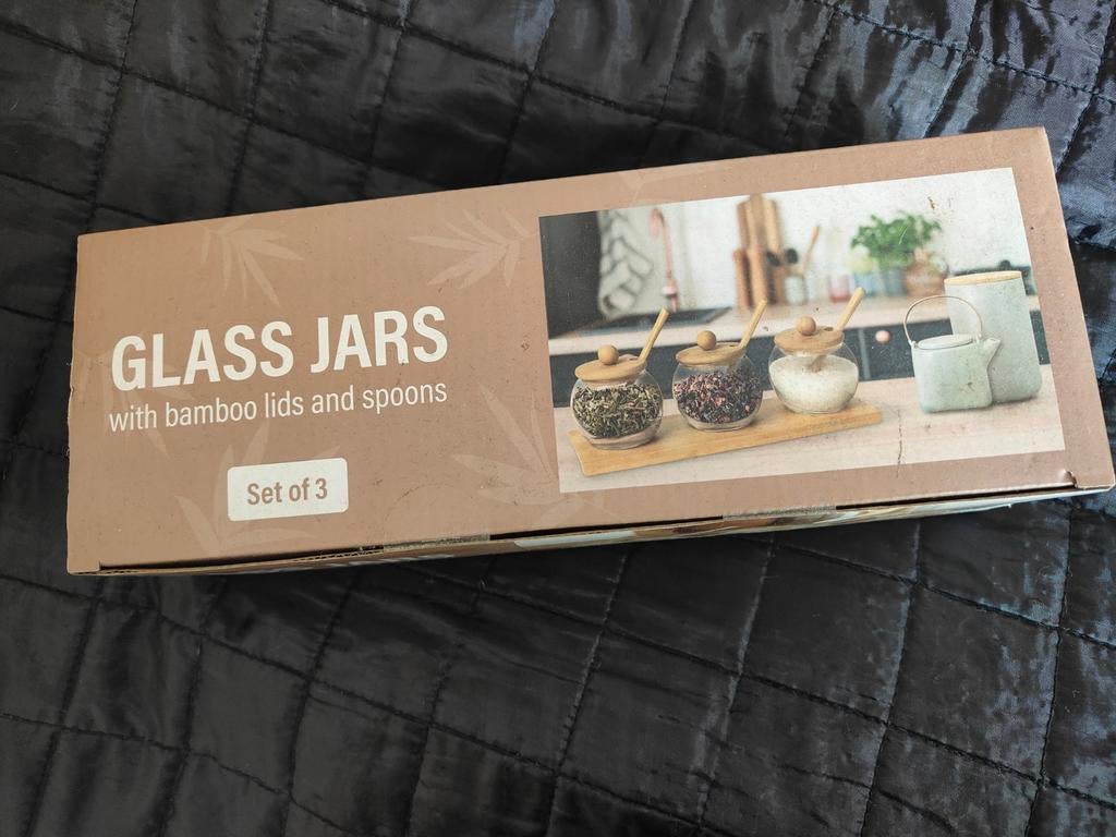 Glazen potjes met bamboe deksels en lepels, set van 3, Ophalen
