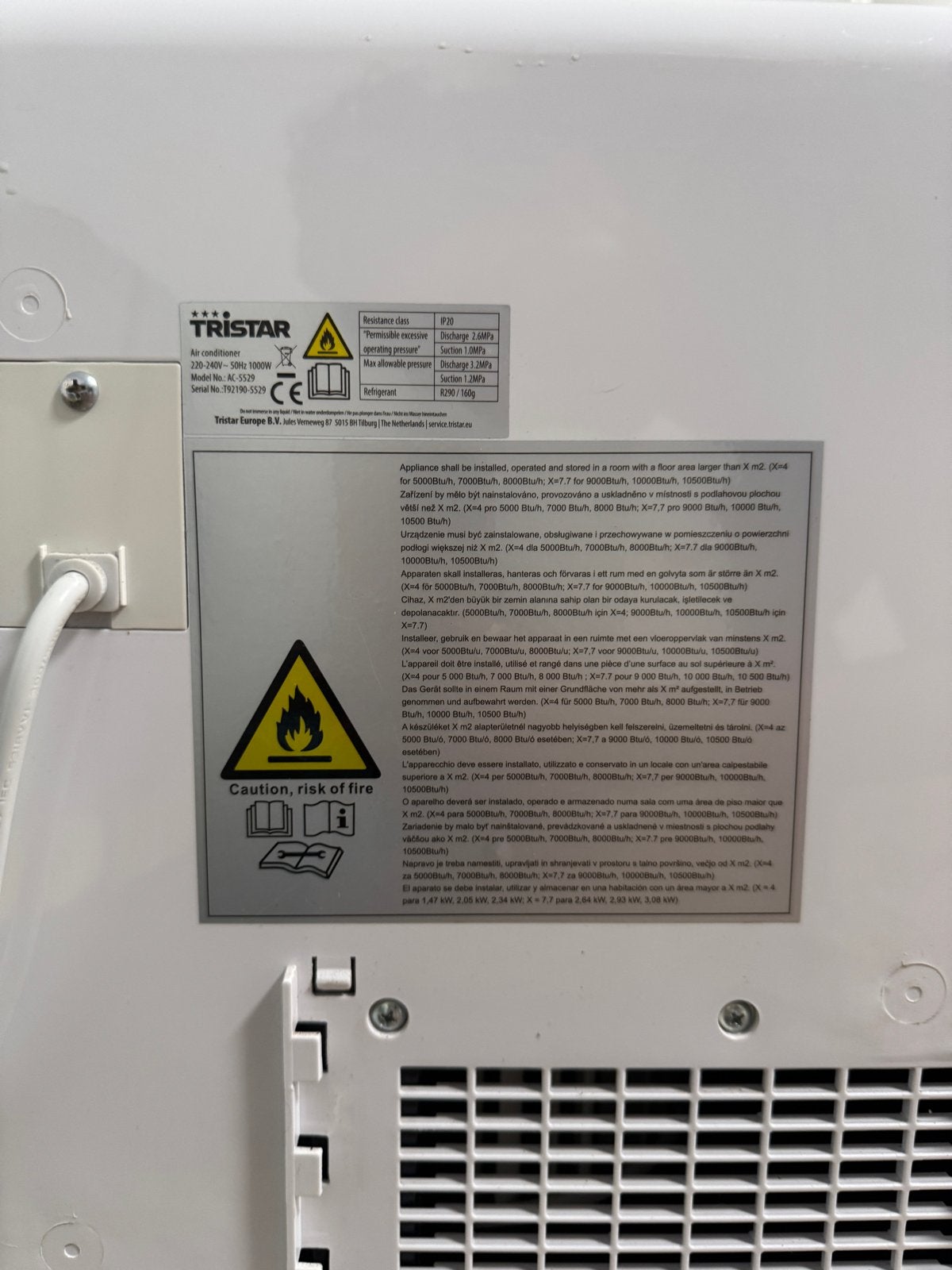 Tristar AC-5529 Mobiele Airco – 9000 BTU, Ophalen, Gebruikt, Minder dan 60 m³, 3 snelheden of meer