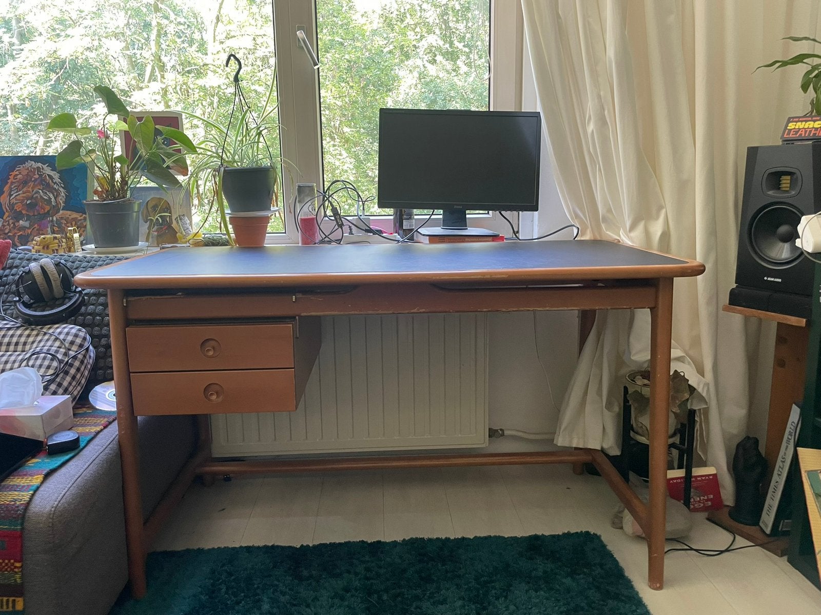 Beautiful Wood Desk w/ Hard Leather Top Mooi Bureau vintage, Ophalen, Overige typen, 135 cm, Vintage