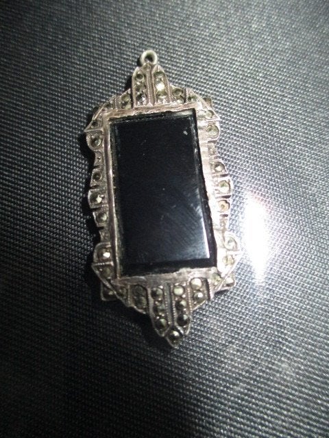 Antieke markasieten zilveren Onyx hanger kettinghanger, Gebruikt, Overige voorstellingen, Ophalen of Verzenden, Met edelsteen