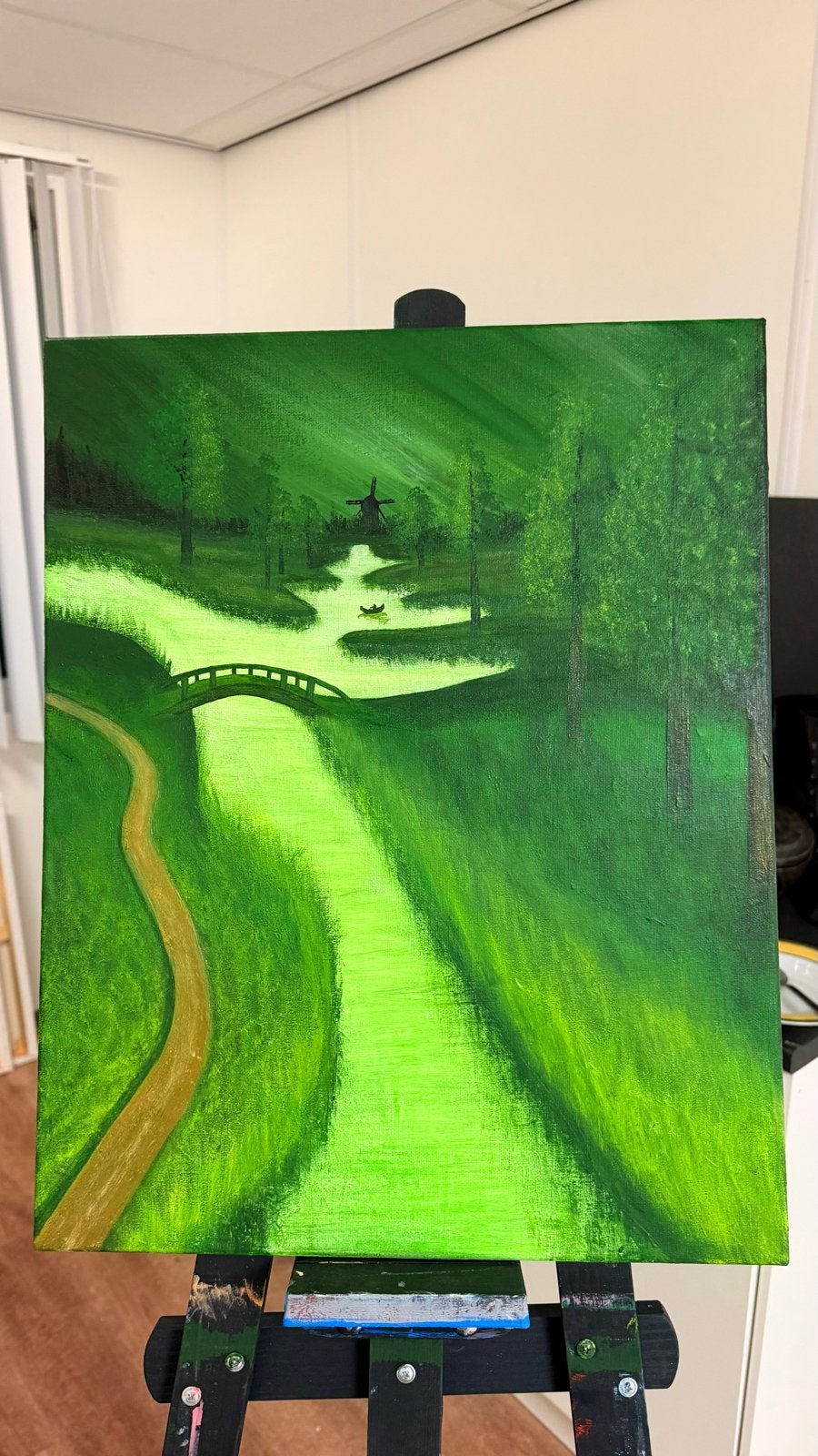 Origineel handgeschilderd acrylschilderij – groen landschap, Landschap, Acrylverf, Handgeschilderd, Ophalen of Verzenden