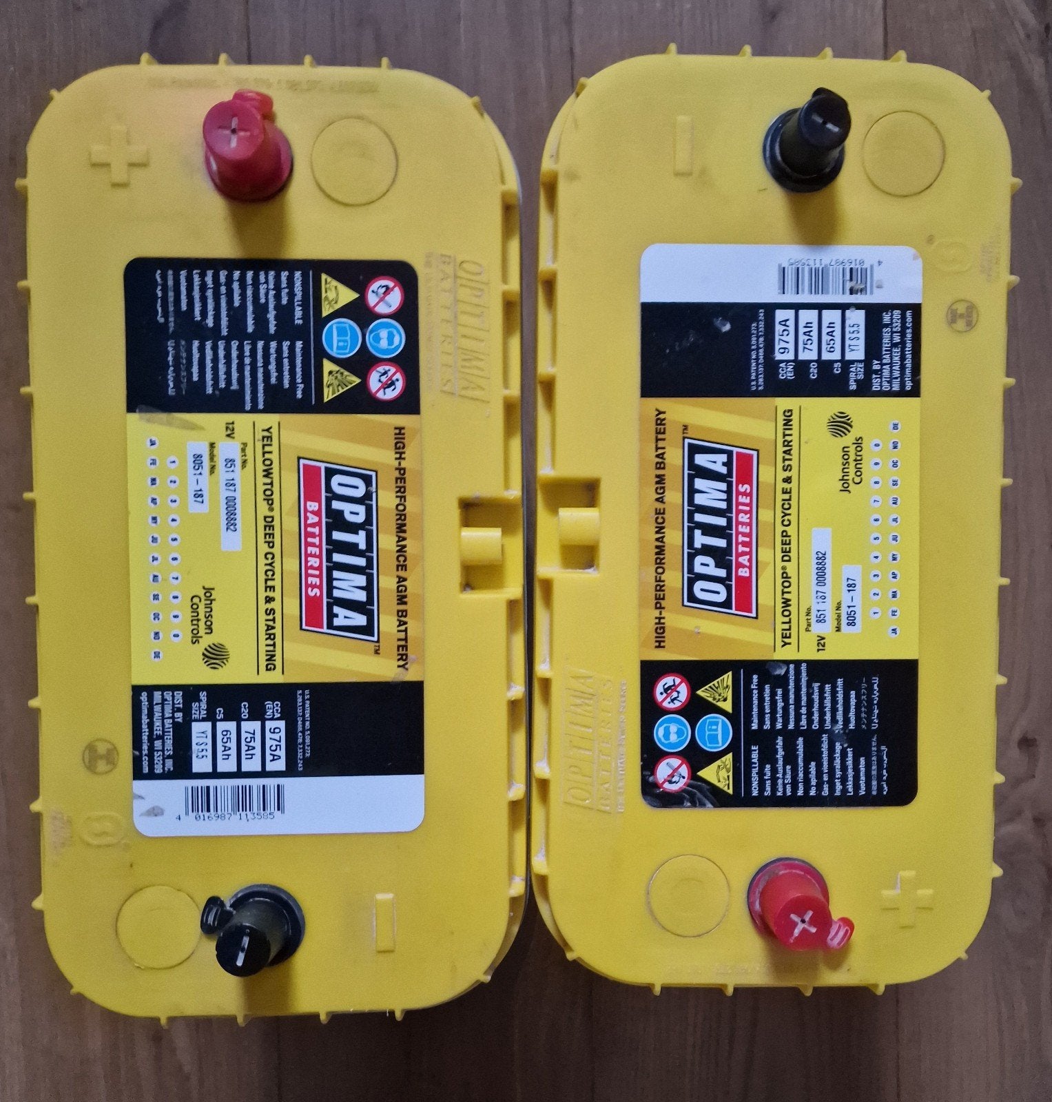 Optima YellowTop AGM accu's – 12V 75Ah – 975A – 2 stuks, Ophalen, Gebruikt, Motor en Techniek
