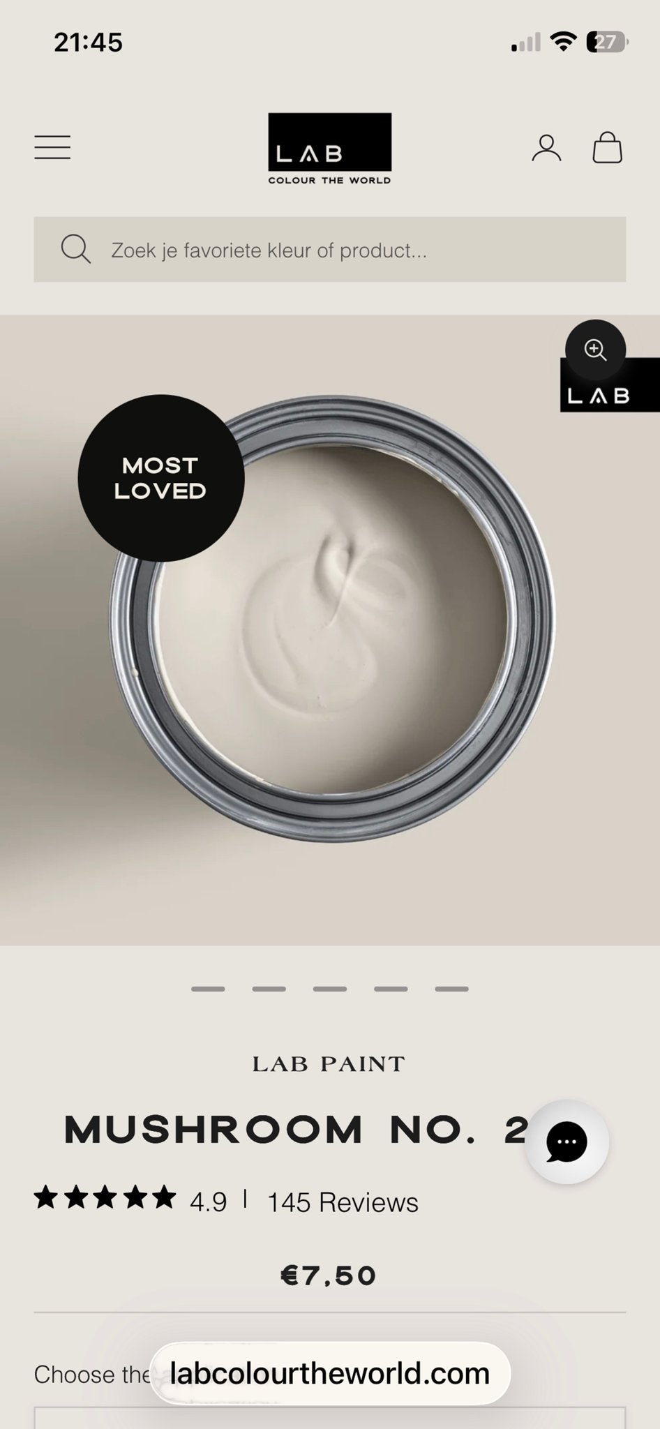 LAB Paint Mushroom 5 ltr. No. 287 - Hoogwaardige Muurverf, Doe-het-zelf en Verbouw, Beige, Nieuw, Ophalen of Verzenden, Verf