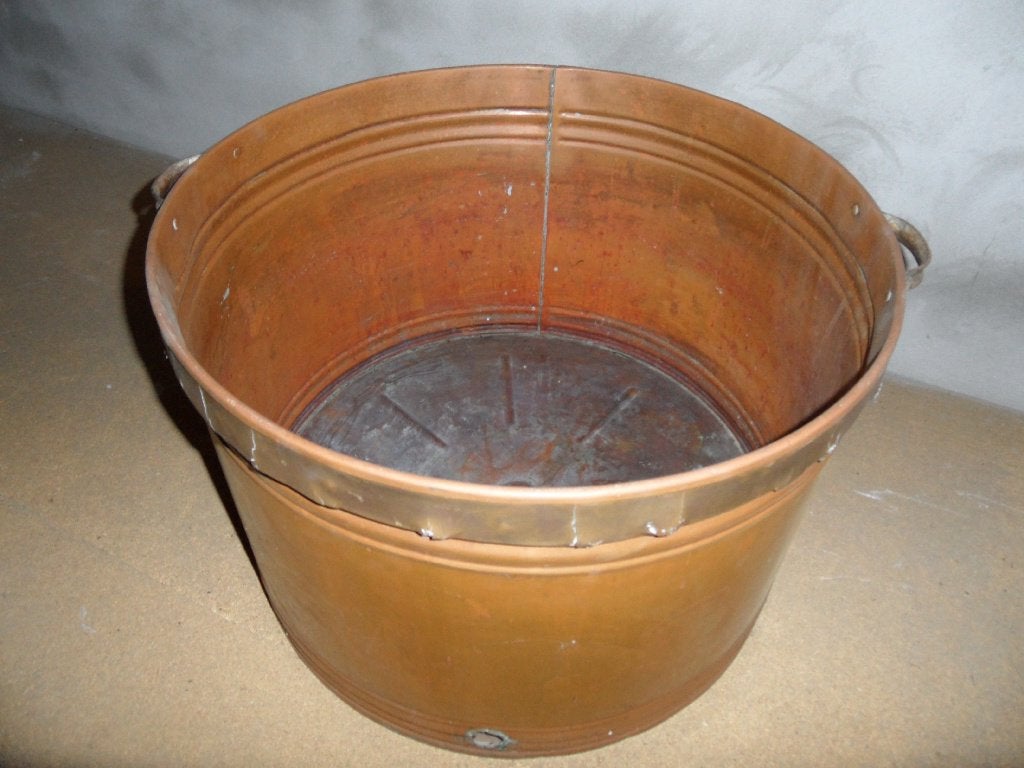 grote rood koperen ketel met gele koperen rand + handvatten, Ophalen of Verzenden, Koper