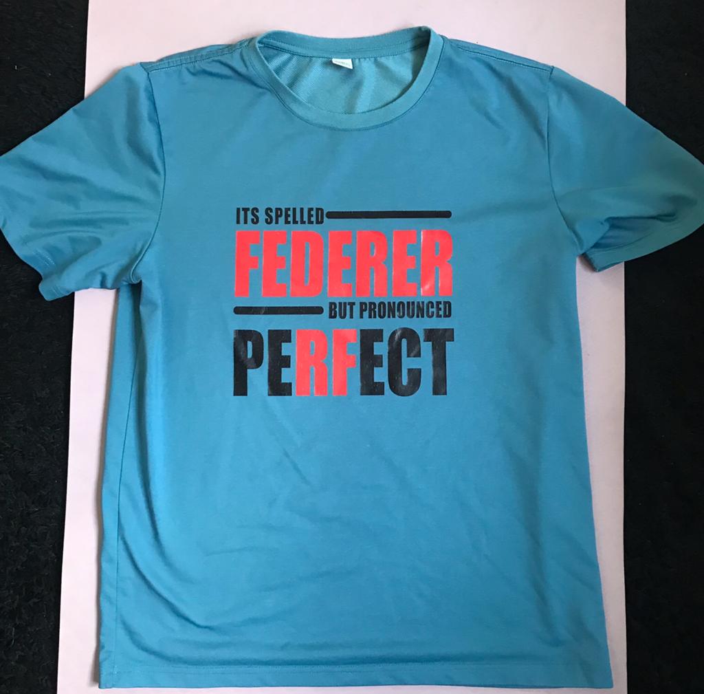 Blauw T-shirt met 'Federer Perfect' opdruk, Ophalen of Verzenden, Zo goed als nieuw, Maat 46 (S) of kleiner, Blauw