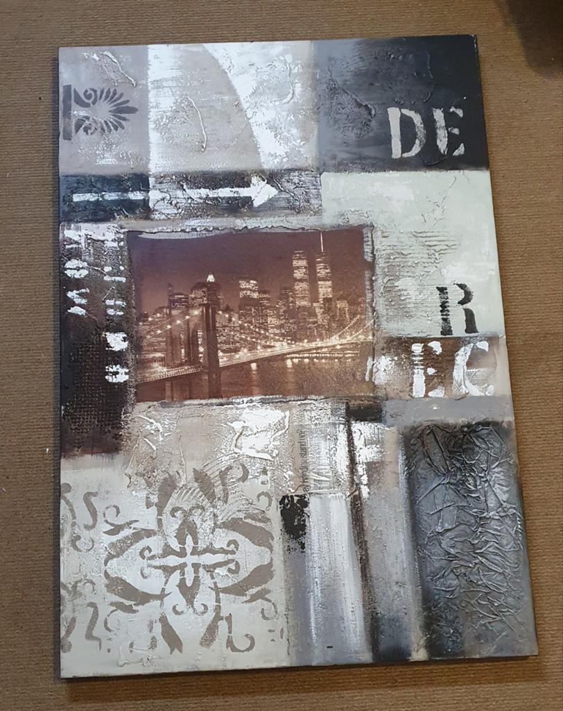 Schilderij met reliëf en New York skyline - 70x100 cm, Ophalen of Verzenden