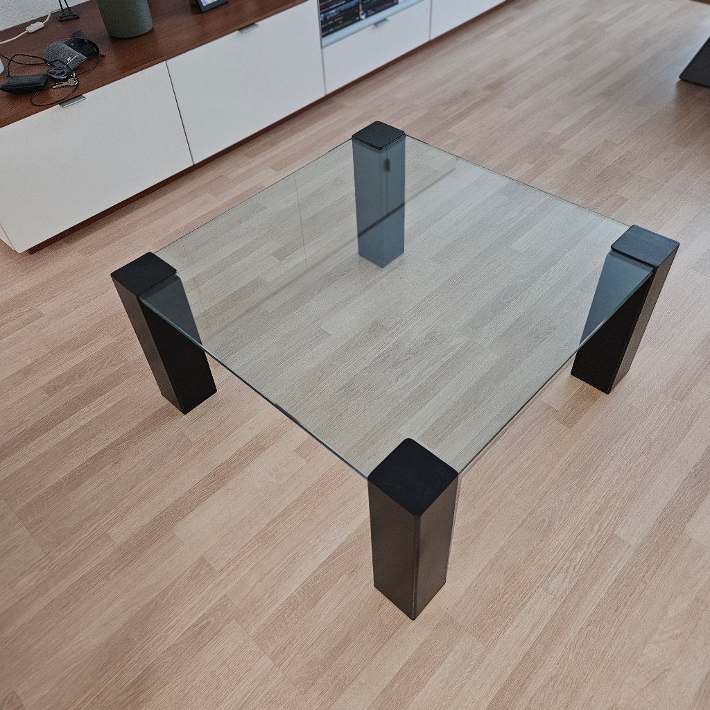 mooie design salontafel glas met zwarte poten, Ophalen, Gebruikt, 50 tot 100 cm, Vierkant